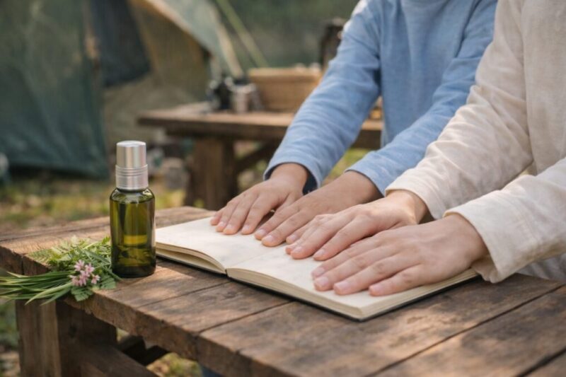 屋外で親子がノートを見ながら虫よけの準備をしている手元の様子