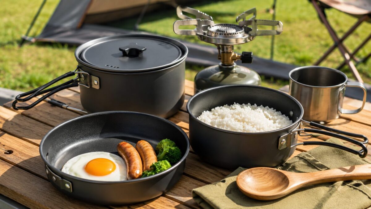 フッ素加工クッカーとキャンプ飯を並べたアウトドア調理シーン