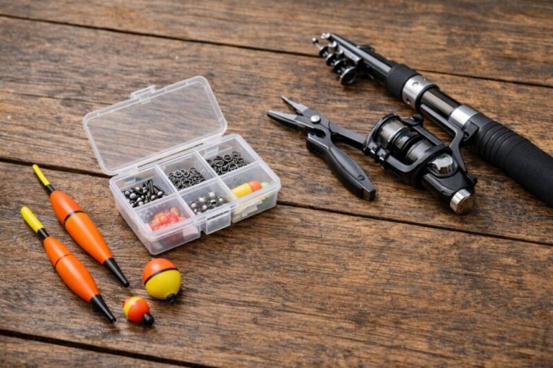 釣りウキと周辺小物をまとめて並べた総括イメージ