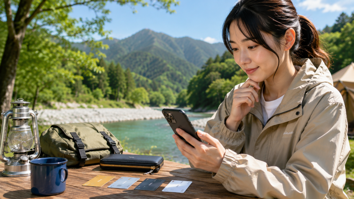 アソビューの支払い方法をスマートフォンで確認しながら外遊びを予約する女性