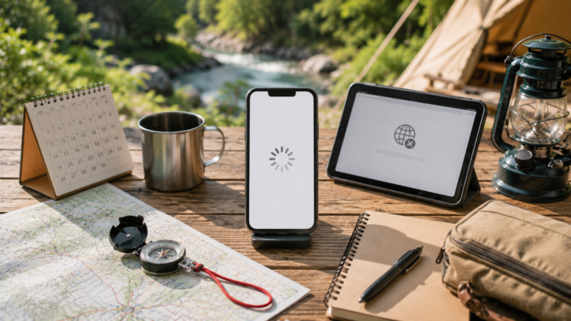 スマホの読み込み停止と別端末の接続エラーを確認する旅行準備の様子