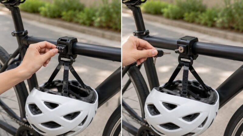ダイヤル式と鍵式のヘルメットロックを同じ自転車で比較する様子