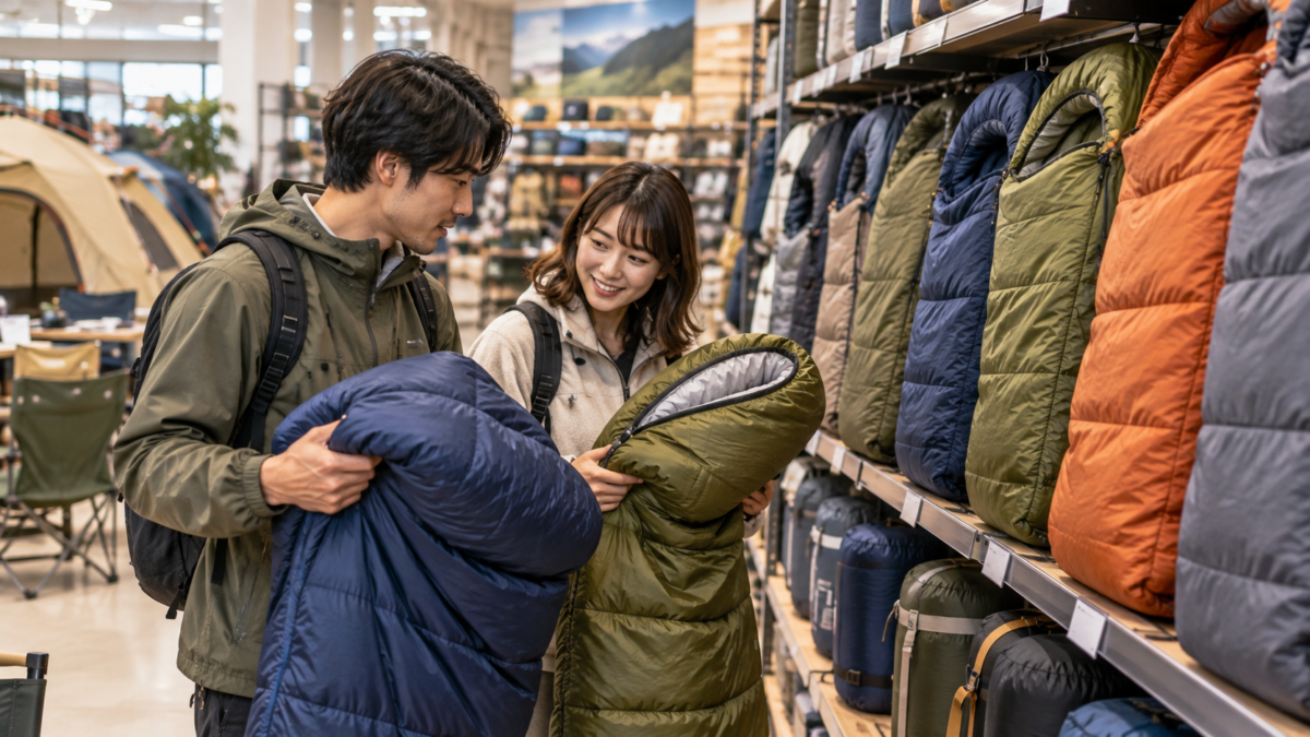 キャンプ用品店で複数の寝袋を手に取り比較する男女