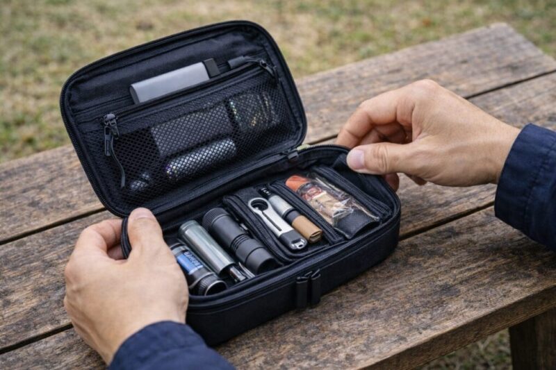 ソフトケースのポケットで小物をまとめ、出し入れしやすくしている様子