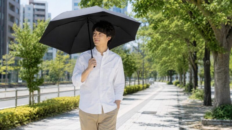 夏の街中で落ち着いた色の折りたたみ日傘を使う男性