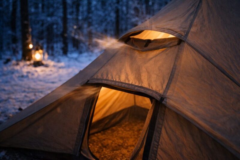 テントの上部換気口と入口のすき間を開けて空気の通り道を作っている様子