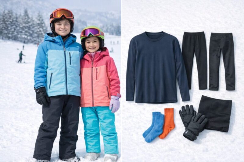 子供のスキー服装と着替え準備のポイントを示すイメージ
