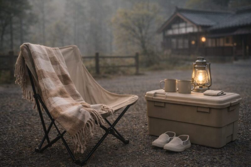 厚手のブランケットと収納ボックスで落ち着いて快適に過ごすキャンプサイトのイメージ