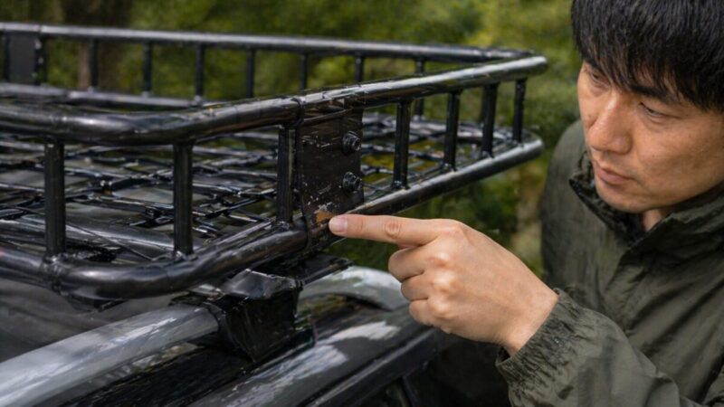 ルーフラックの金具まわりや塗装の状態を確認している様子