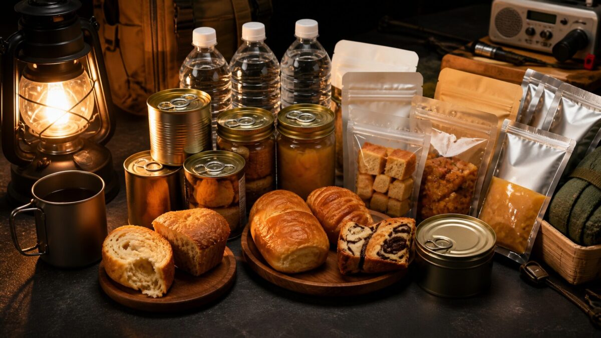 非常食パンや保存水、レトルト食品をキャンプ用品と一緒に並べた防災備蓄のイメージ