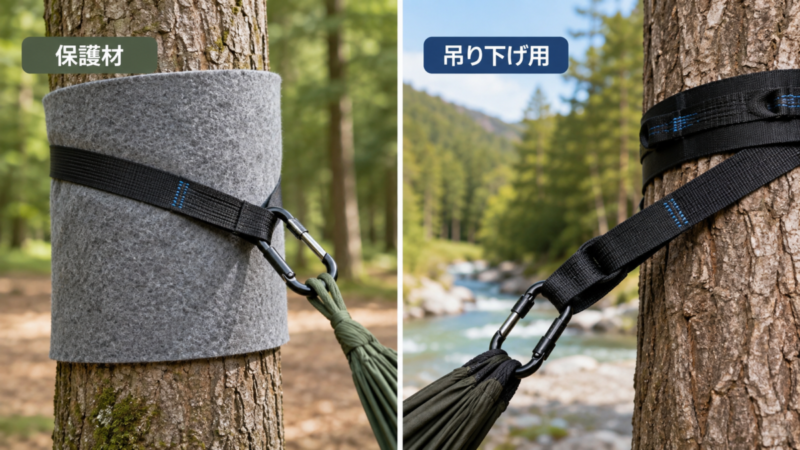 木を守るツリープロテクターとハンモックを吊るすツリーストラップの役割比較