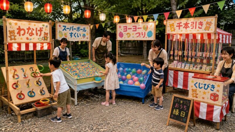 輪投げやヨーヨー釣りなど食べ物以外の屋台を親子で楽しむ夏祭り会場