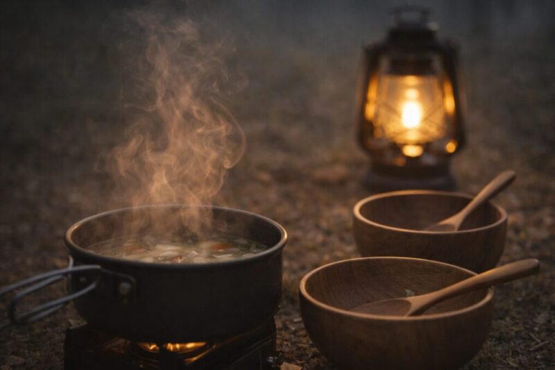 小鍋のスープから立つ湯気と木の器で雰囲気が出るキャンプごはんのイメージ