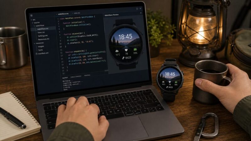 パソコンでコードを書きながらスマートウォッチの文字盤を開発しているイメージ