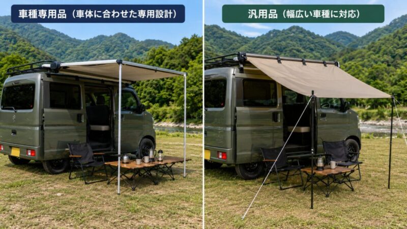 エブリイ向けの車種専用オーニングと汎用カーサイドタープを比較した画像