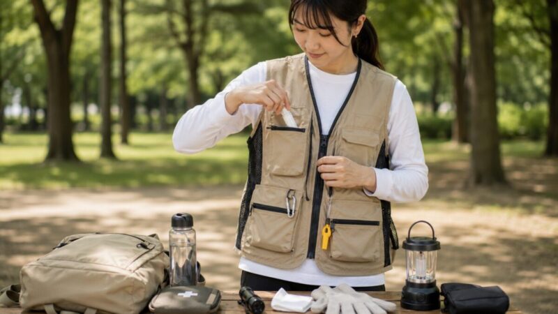 女性が軽量ベストにライトや防災小物を入れてサイズ感と収納のしやすさを確認している様子