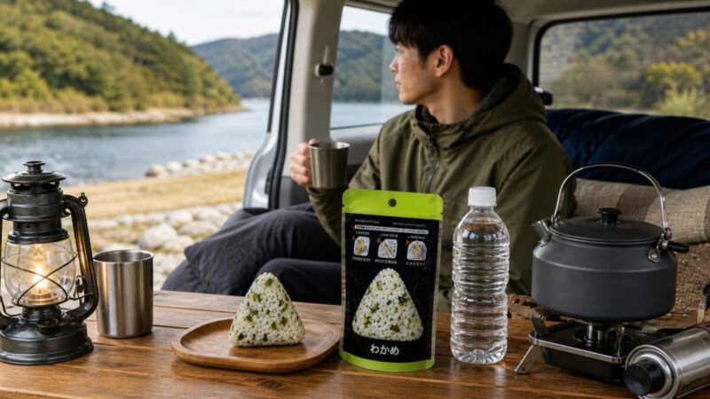 車中泊中に非常食おにぎりを軽食として楽しむ様子
