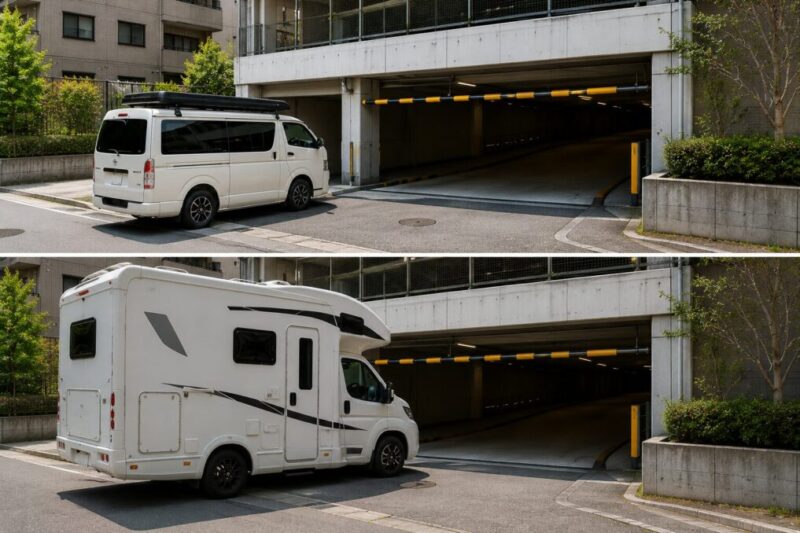立体駐車場の入口で低めのバンコンと背の高いキャンピングカーを比較している様子