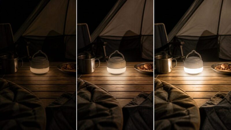 LEDランタンの明るさを低輝度から高輝度まで比較するイメージ