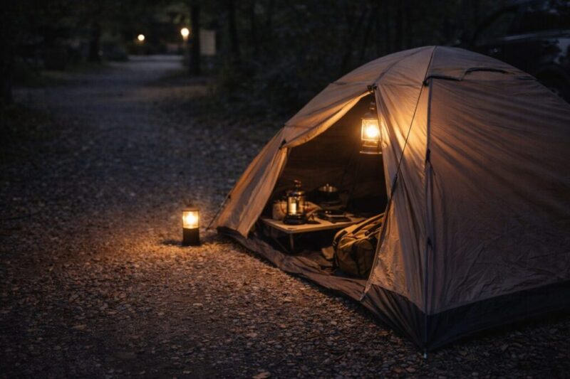 テント入口と足元を小さな灯りで照らし、通路側の動線を確保した設営レイアウト