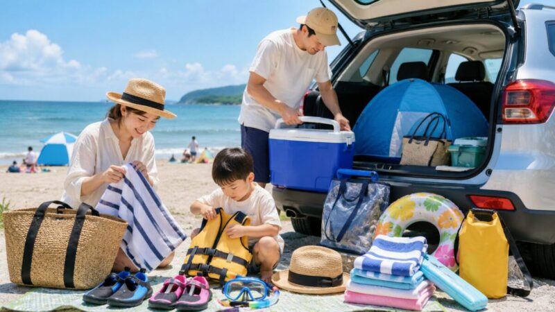 海水浴に必要なライフジャケットやタオルなどを出発前に確認する家族