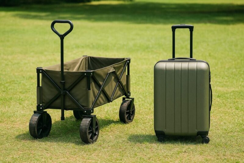 芝生の上にキャリーワゴンとハードタイプのキャリーケースが並んで置かれ積載スタイルの違いを比較している様子