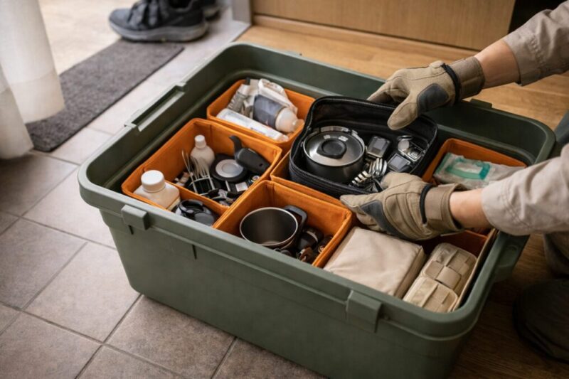 コンテナとインナーケースでキャンプ道具をカテゴリ分けし、積み替えを素早くする様子