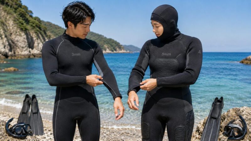 水温23度で使う薄手と厚手のウェットスーツを海辺で比較する様子。