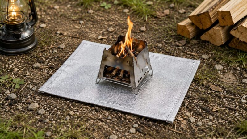 砂利混じりの地面に敷いた小型焚き火シートの中央で、コンパクトな焚き火台を使っている様子