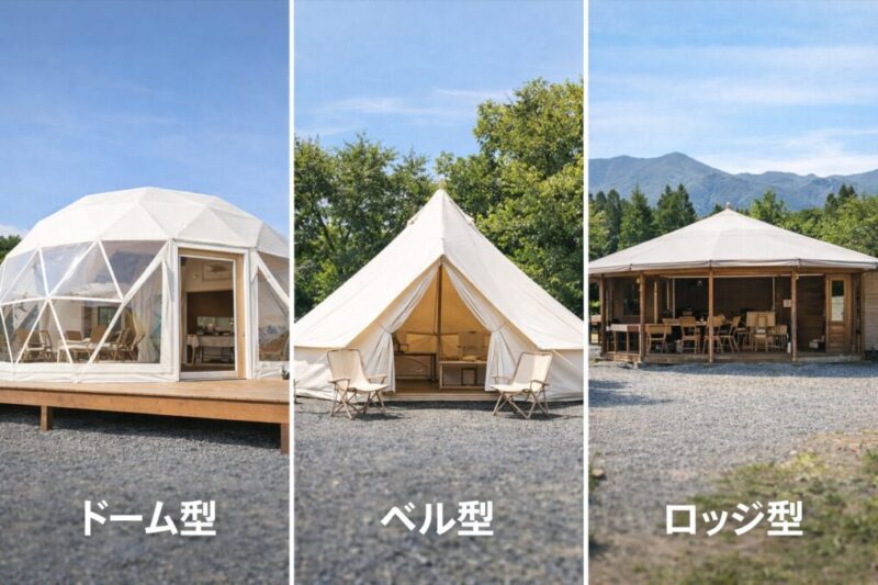 常設グランピングテントの種類と設備差を比べるイメージ