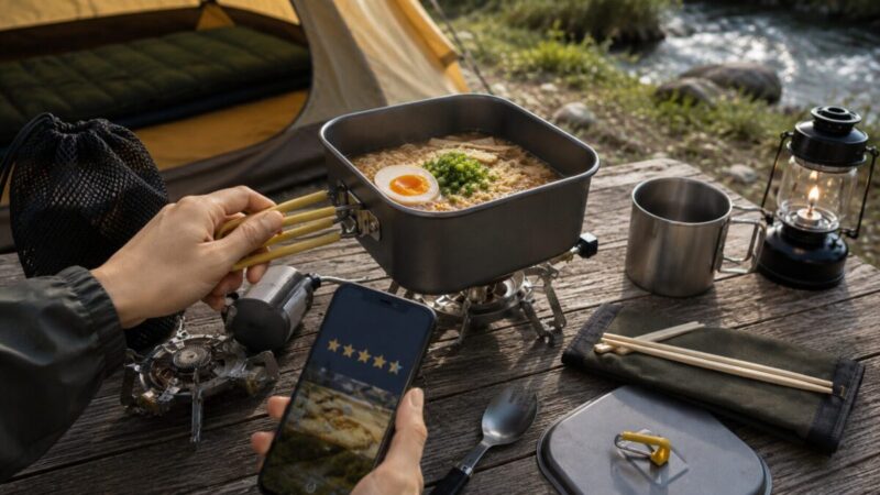 キャンプ場でクッカーの使い勝手を確認しながらラーメンを調理している様子