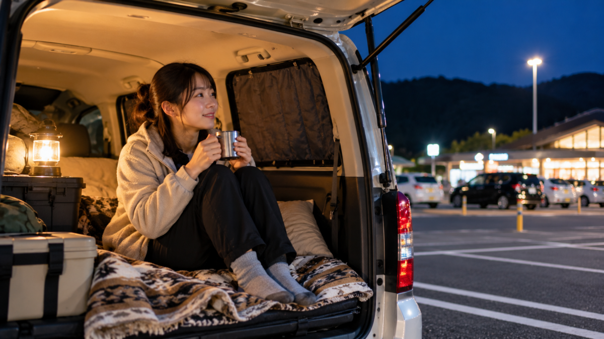 夜の休憩施設で目隠しをした車内に寝床を整える女性