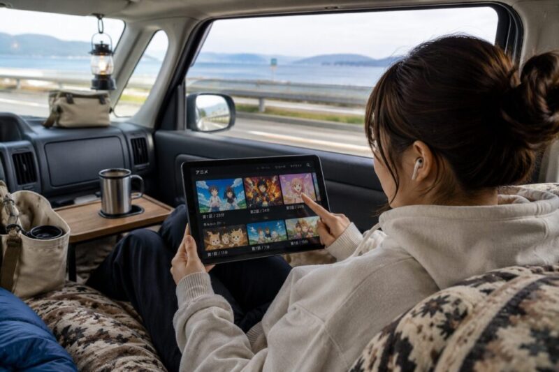 海沿いを走る車内で、タブレットのアニメ作品一覧から視聴する作品を選ぶ女性