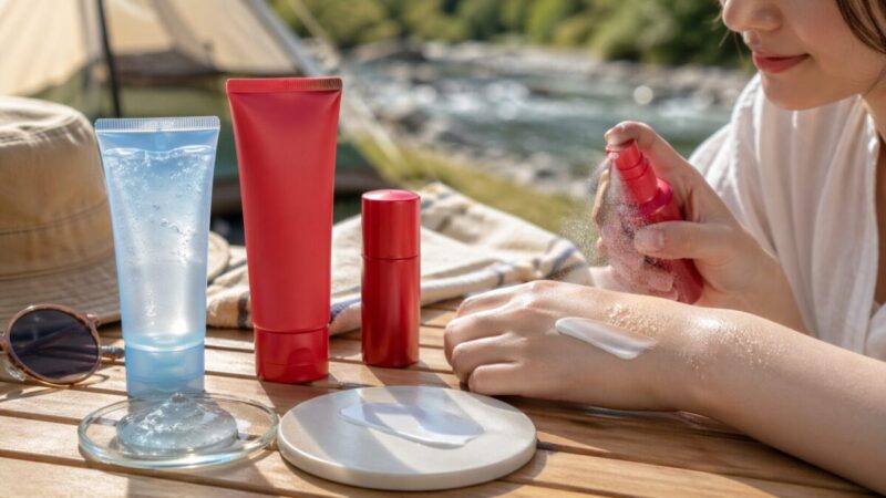 川辺のキャンプテーブルでジェルやエッセンスなど日焼け止めの使用感を比較する様子