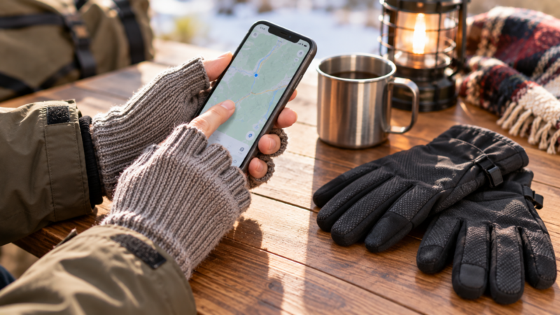 指なしハンドウォーマーを着けてスマートフォンを操作し、横に冬用グローブを置いている様子