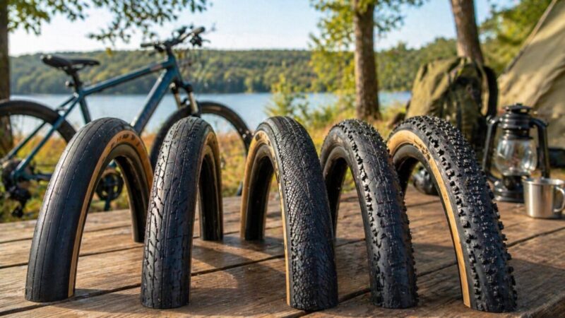 湖畔のキャンプサイトで用途別の自転車タイヤを並べて比較しているイメージ。