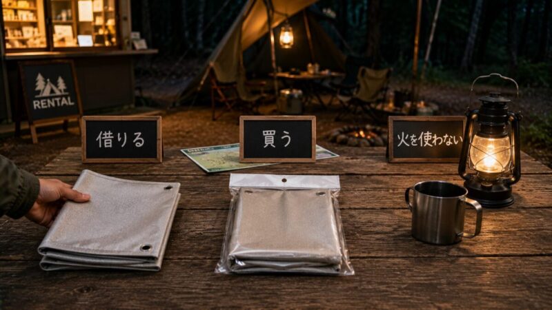 キャンプ場のテーブルで、借りる・買う・火を使わない選択肢として耐熱シートやランタンを並べた様子