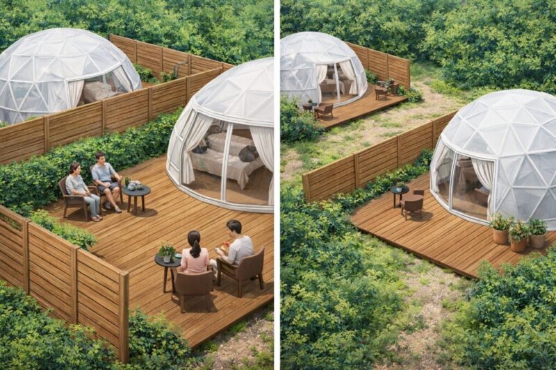 宿泊棟同士の距離によって視線や声漏れの感じ方が変わる比較イメージ