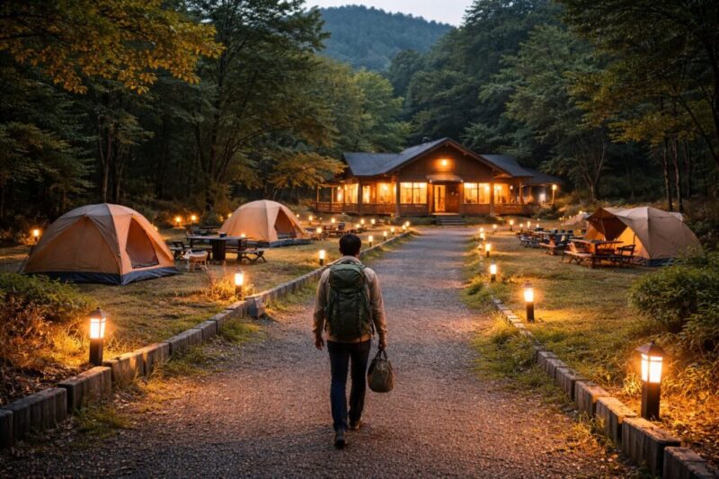 受付棟と区画サイトが見渡せるキャンプ場で、通路灯が点く中を歩く人の後ろ姿