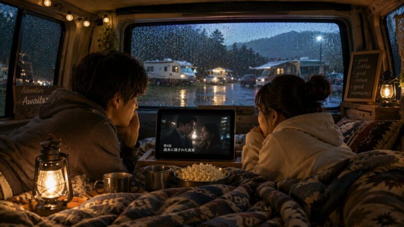 雨の車中泊で、タブレットのドラマを一緒に楽しむ男女
