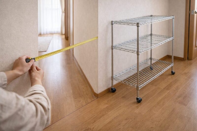 通路幅を測りながら収納ラックを仮置きし、動線とサイズ感を確認している様子