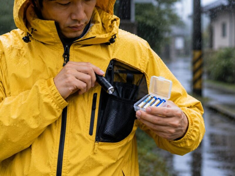 レインウェアのポケットからライトと電池ケースを取り出し、予備電池を確認している様子
