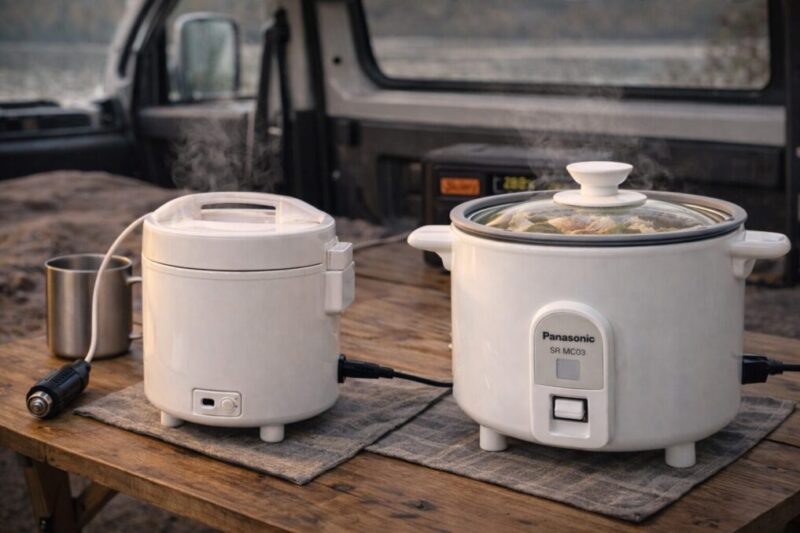 車載向けの炊飯器と家庭用の小型炊飯器を同じテーブルに並べ、電源や形状の違いを見比べられるイメージ