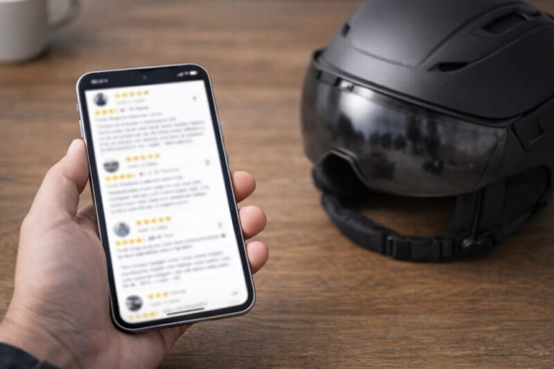 口コミを確認しながらヘルメット選びをするイメージ