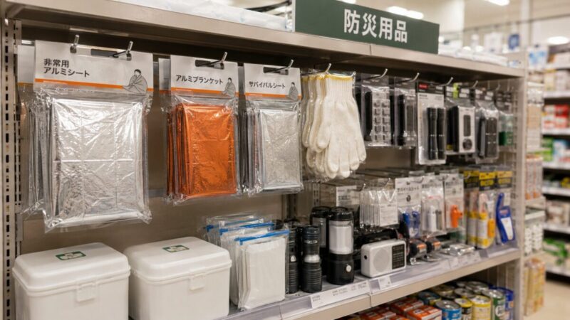 防災用品売り場に非常用アルミシートやライト、携帯用品が並んでいる様子