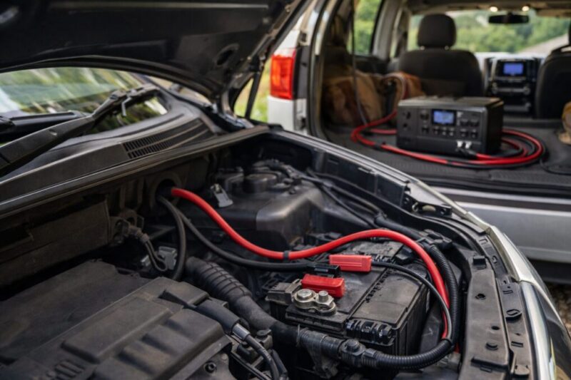 車のバッテリー側から荷室の電源機器へ配線がつながる流れを示した設置イメージ