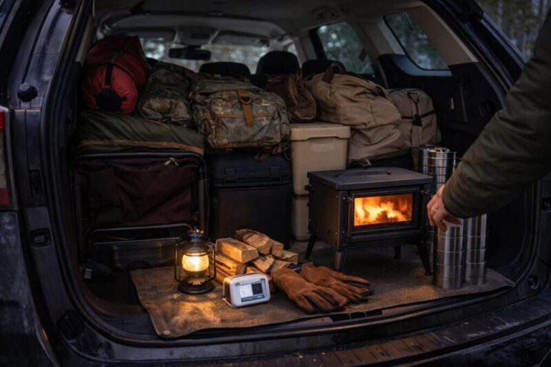 薪ストーブ装備が増えて積載が厳しくなる様子