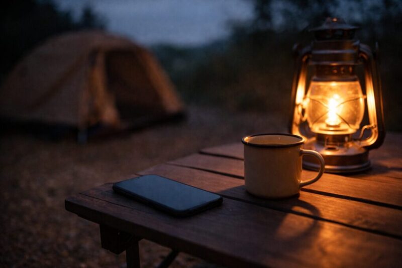 スマホから距離を置き、ランタンの灯りで静かに過ごすキャンプの手元