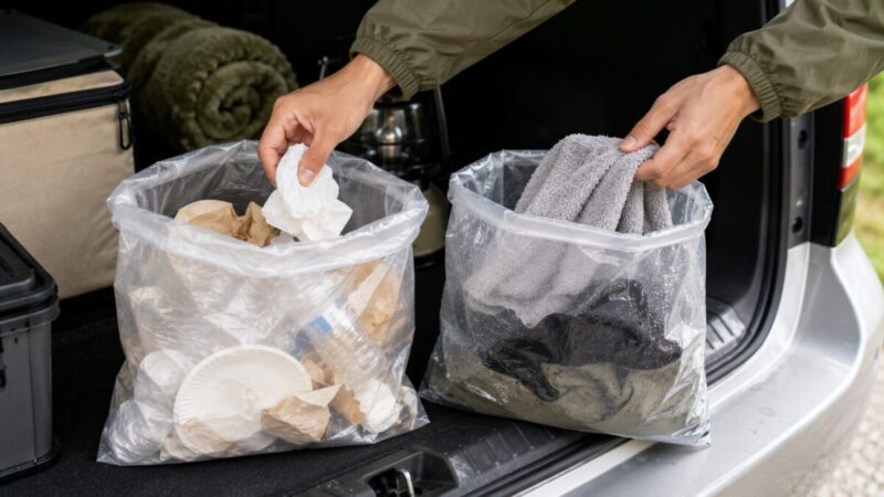 車の荷室で可燃ごみと濡れたタオルや衣類を別々の袋に分けている様子