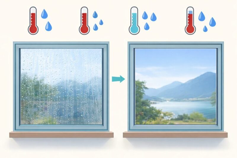 結露した窓と透明な窓を並べて違いを示したイメージ